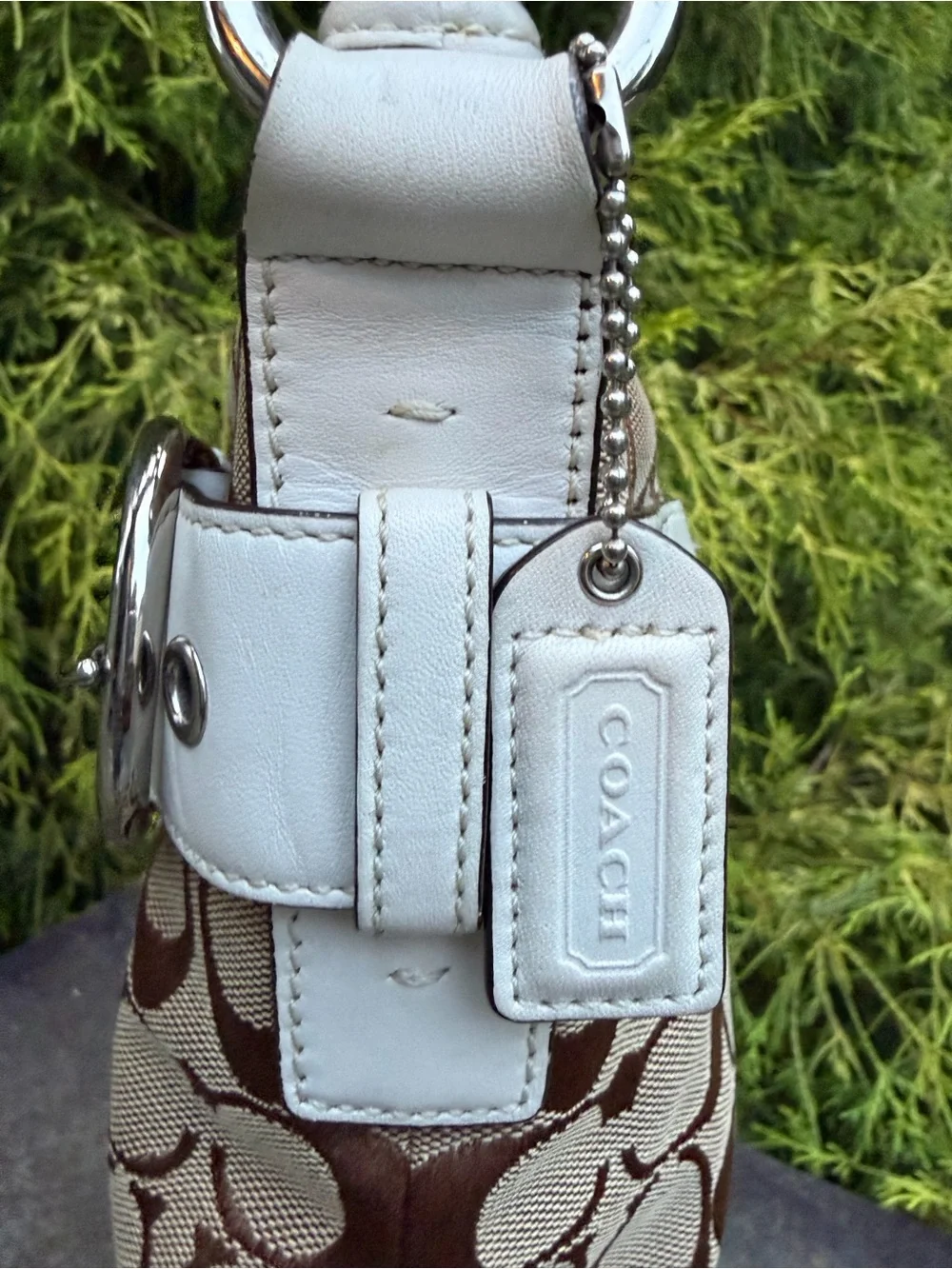 Coach Signature Buckle Shoulder Bag White Leather Trim & Canvas Hobo Y2K